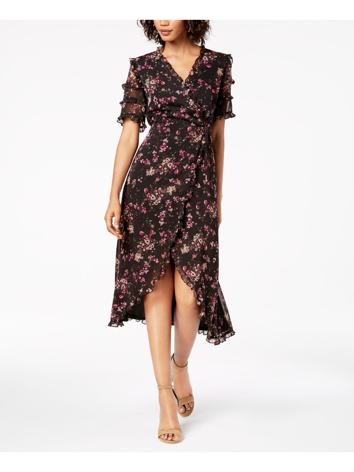 Vestido feminino KENSIE com estampa floral, manga curta, gola V, tulipa, preto, tamanho 4