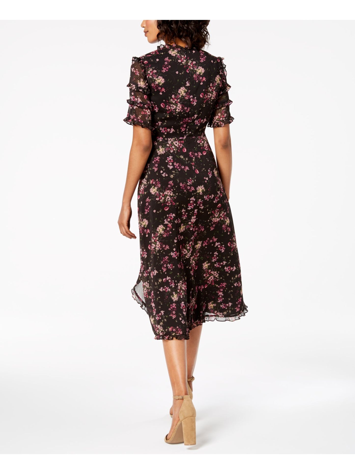Vestido feminino KENSIE com estampa floral, manga curta, gola V, tulipa, preto, tamanho 4