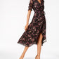 Vestido feminino KENSIE com estampa floral, manga curta, gola V, tulipa, preto, tamanho 4