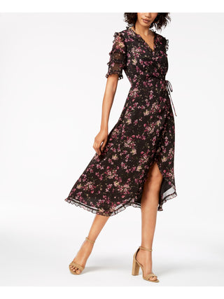Vestido feminino KENSIE com estampa floral, manga curta, gola V, tulipa, preto, tamanho 4