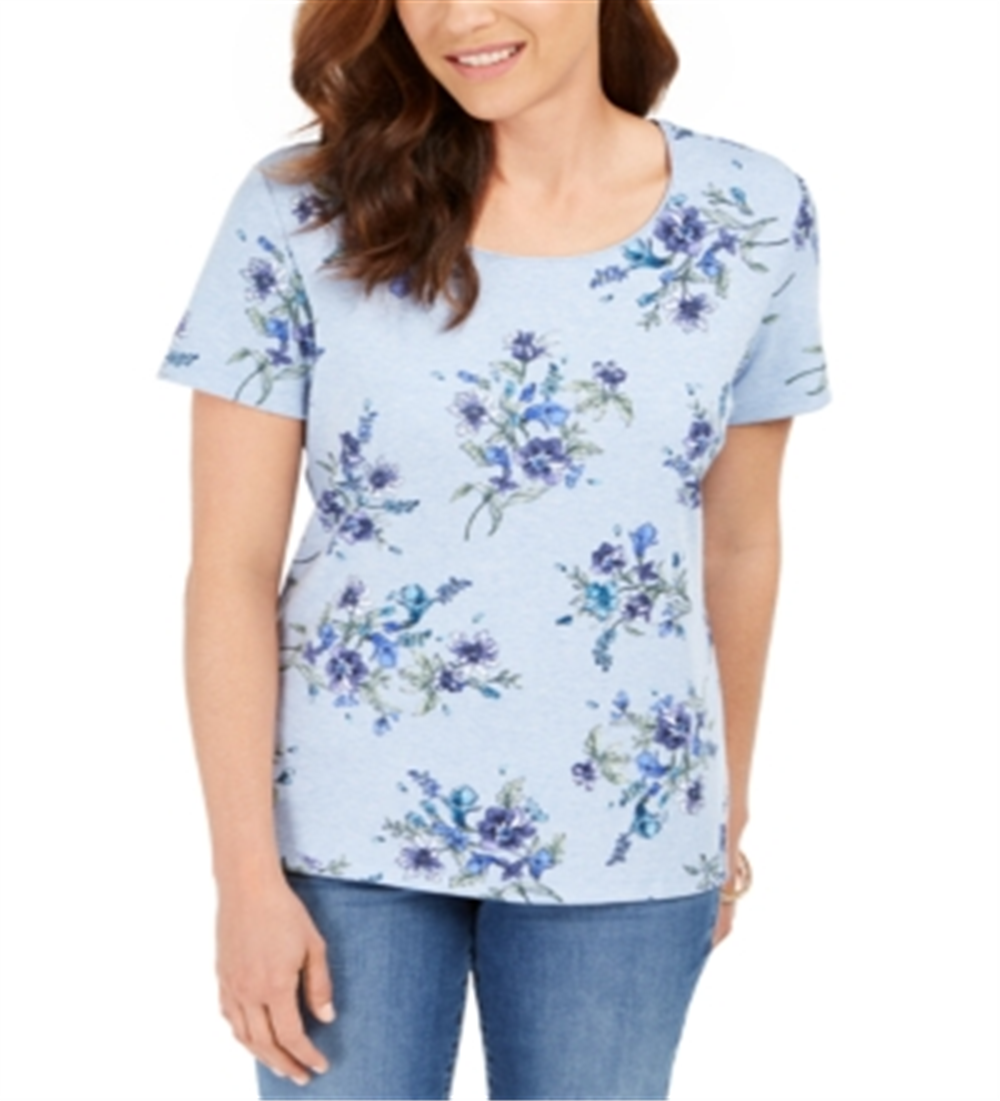 Blusa feminina Karen Scott com estampa floral e decote redondo, azul, tamanho pequeno