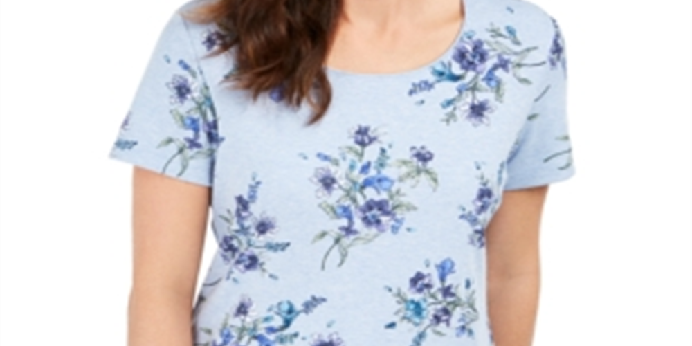 Blusa feminina Karen Scott com estampa floral e decote redondo, azul, tamanho pequeno