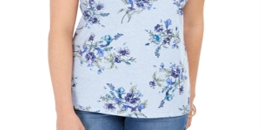 Blusa feminina Karen Scott com estampa floral e decote redondo, azul, tamanho pequeno