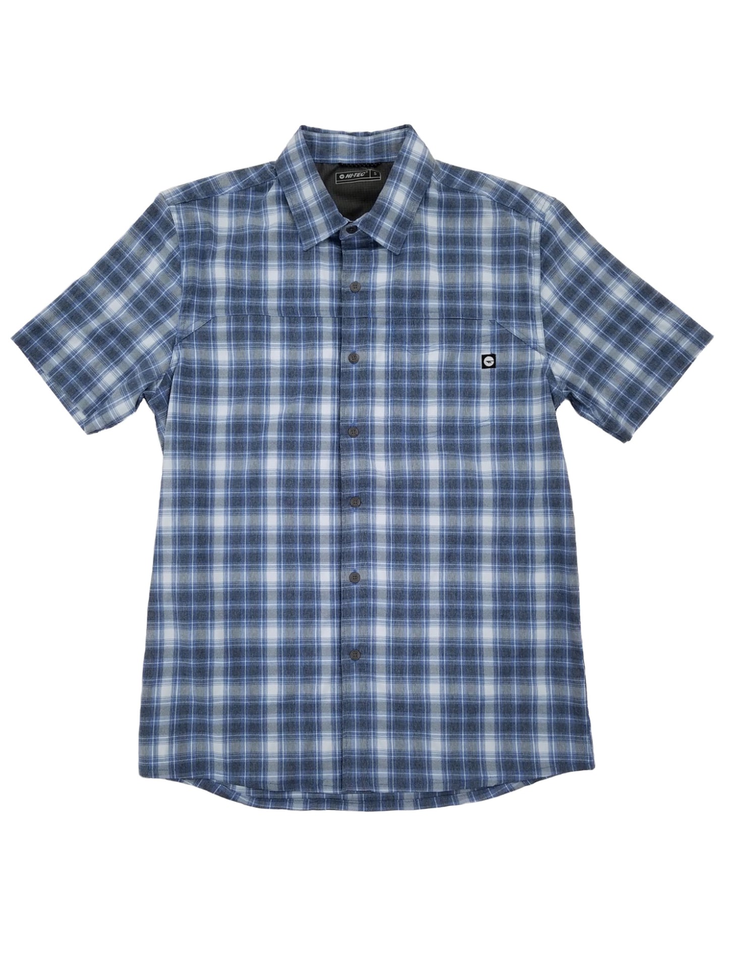 Camisa masculina xadrez Dri-Tec Flex Stretch de manga curta com botões, azul, tamanho pequeno