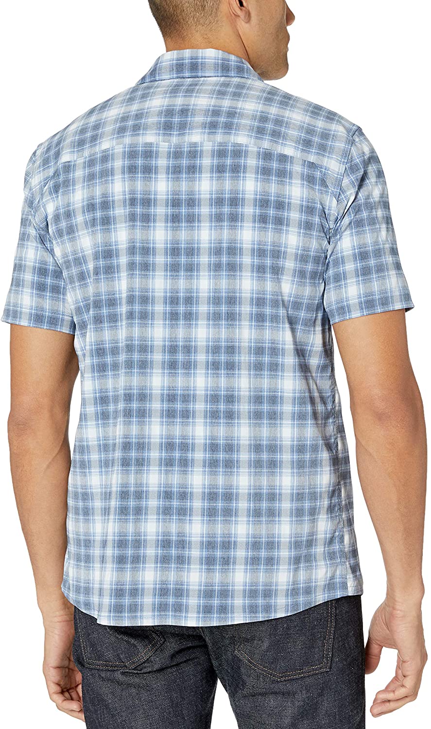Camisa masculina xadrez Dri-Tec Flex Stretch de manga curta com botões, azul, tamanho pequeno