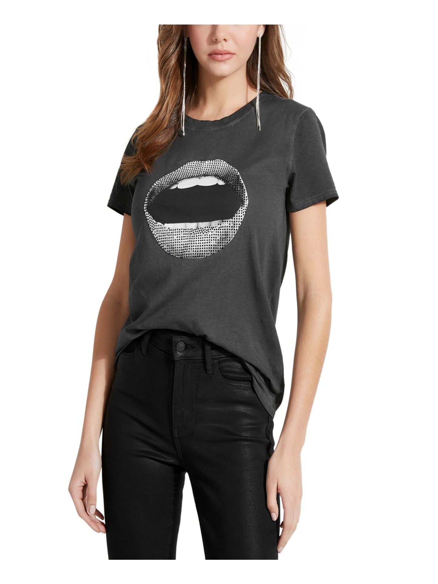 Camiseta feminina Guess Graphic com detalhes gráficos, preta, tamanho pequeno