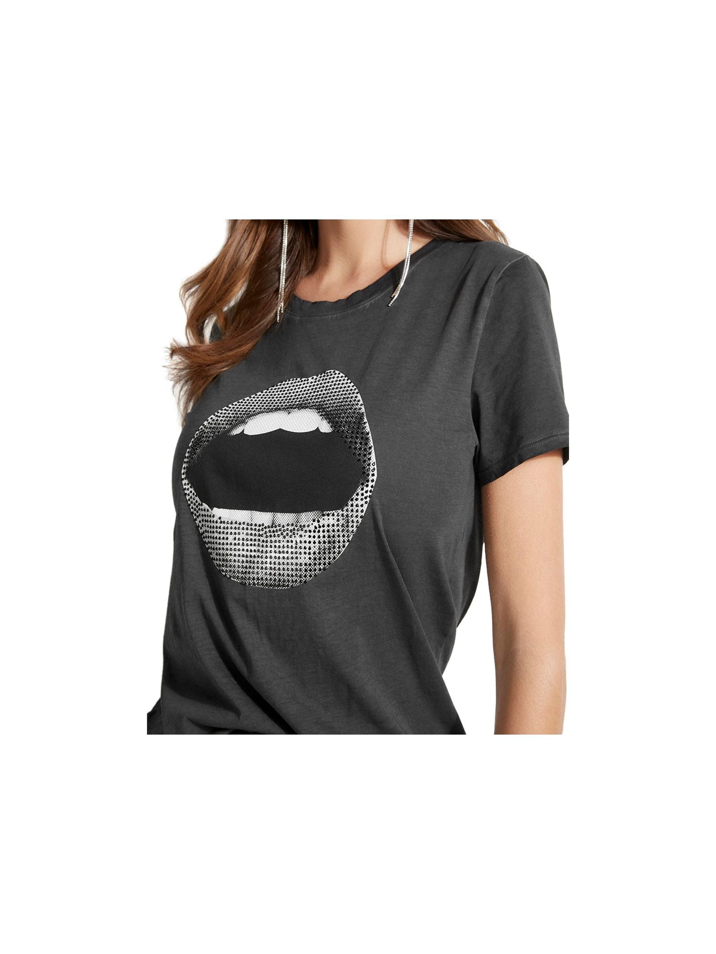 Camiseta feminina Guess Graphic com detalhes gráficos, preta, tamanho pequeno