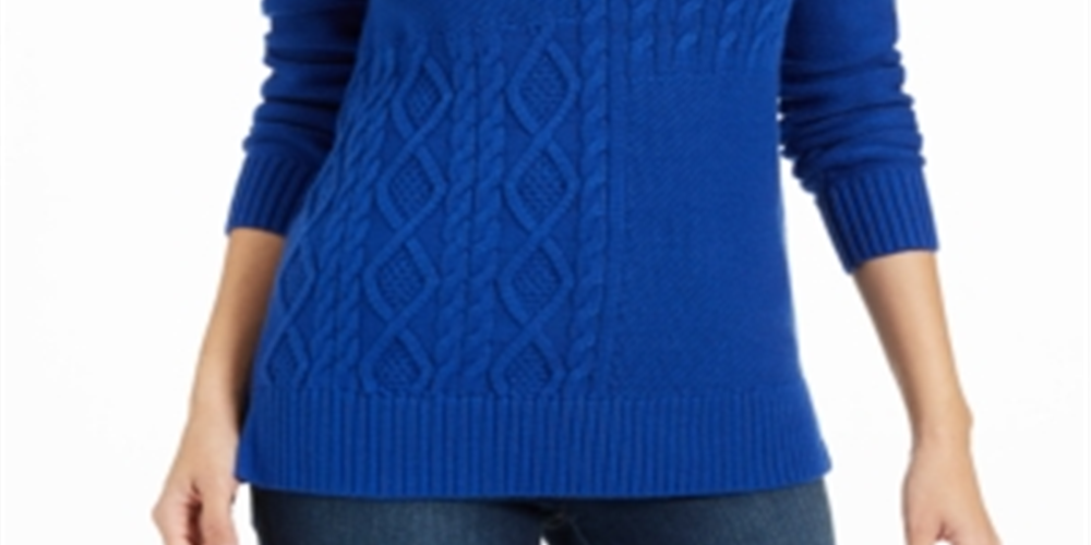 Suéter feminino texturizado de manga comprida e gola joia Charter Club, azul, tamanho pequeno G