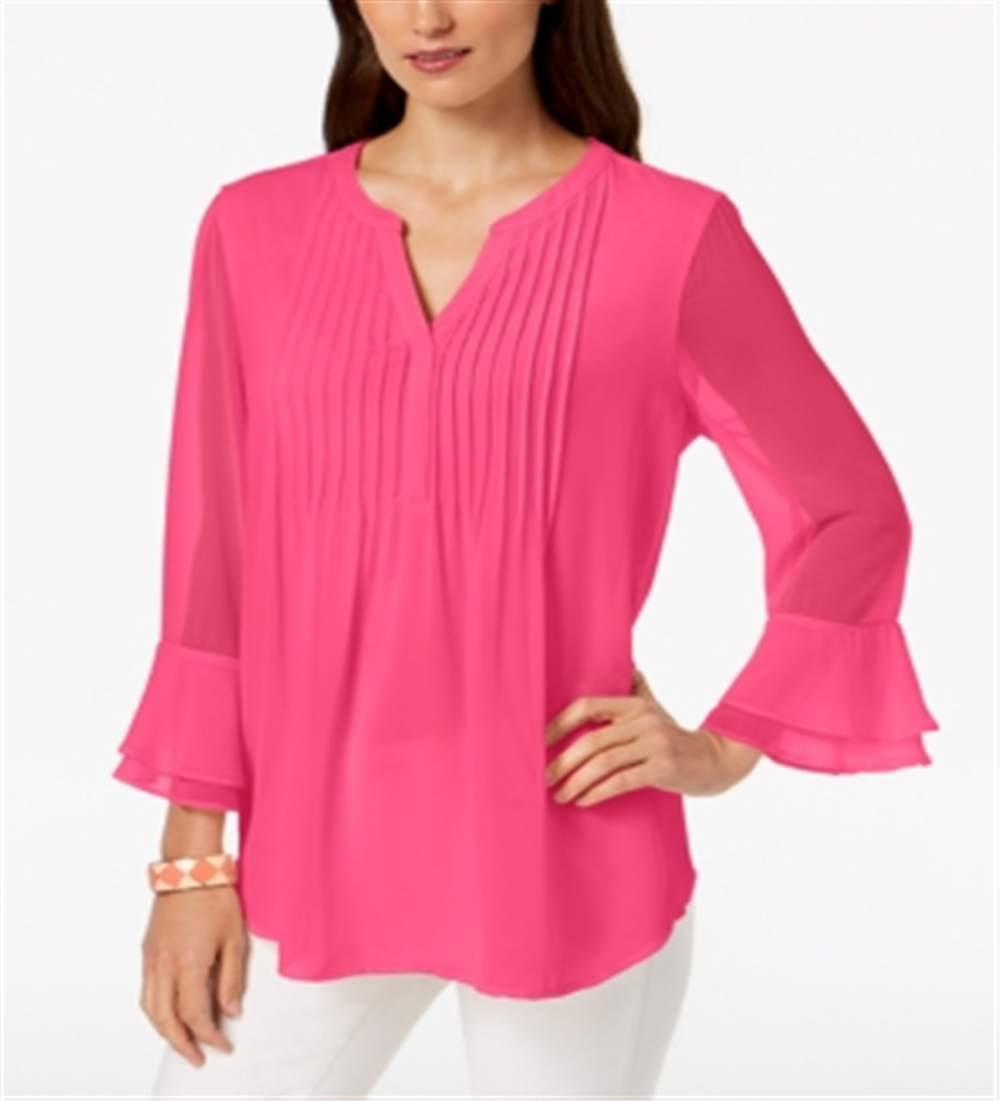 Charter Club Blusa Feminina com Babados Duplos e Estampa Pintuck Rosa Tamanho Médio