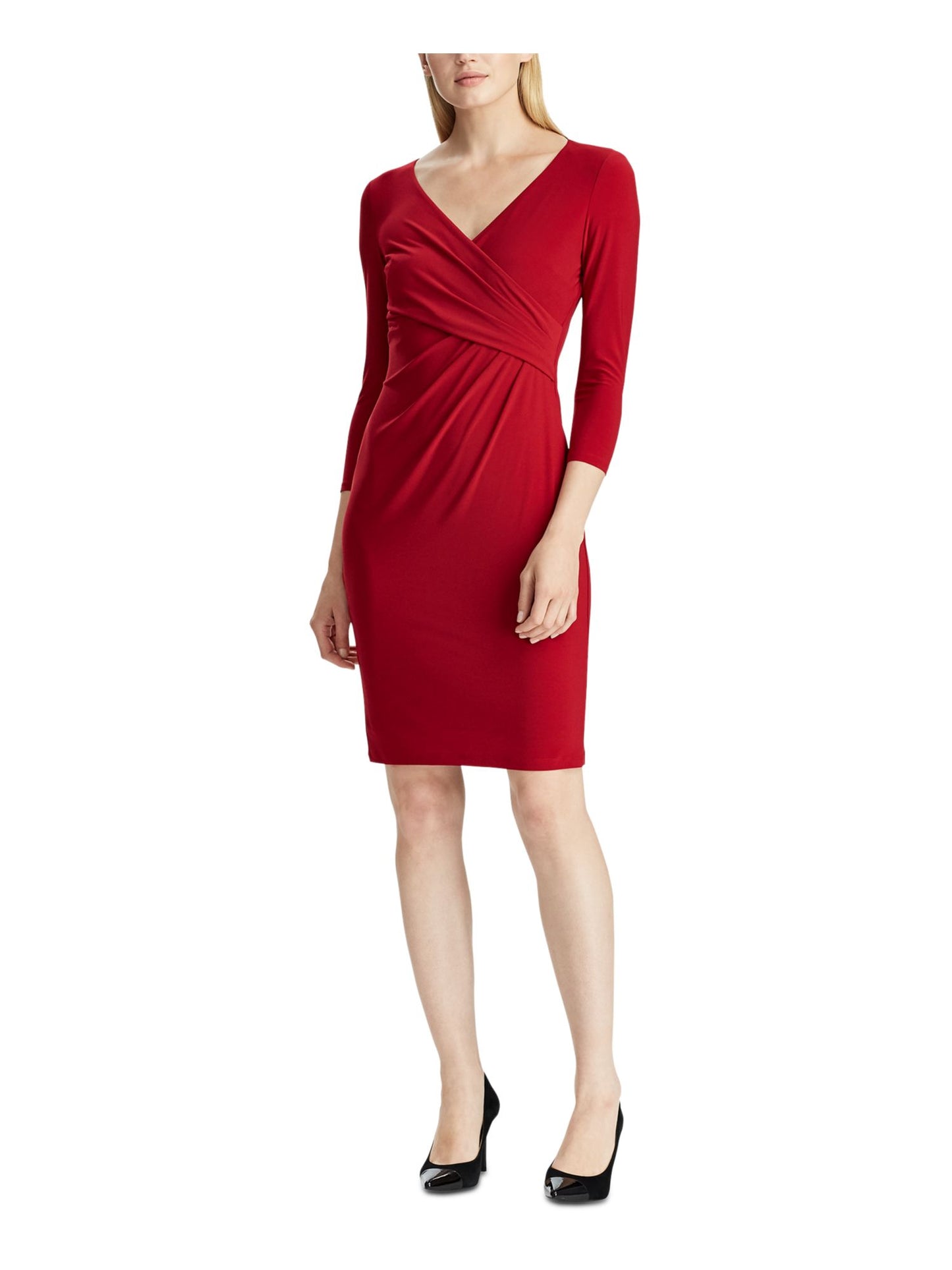Vestido longo feminino Lauren Ralph Lauren com decote em V e manga comprida, acima do joelho, estilo coquetel, tamanho 10 P, vermelho