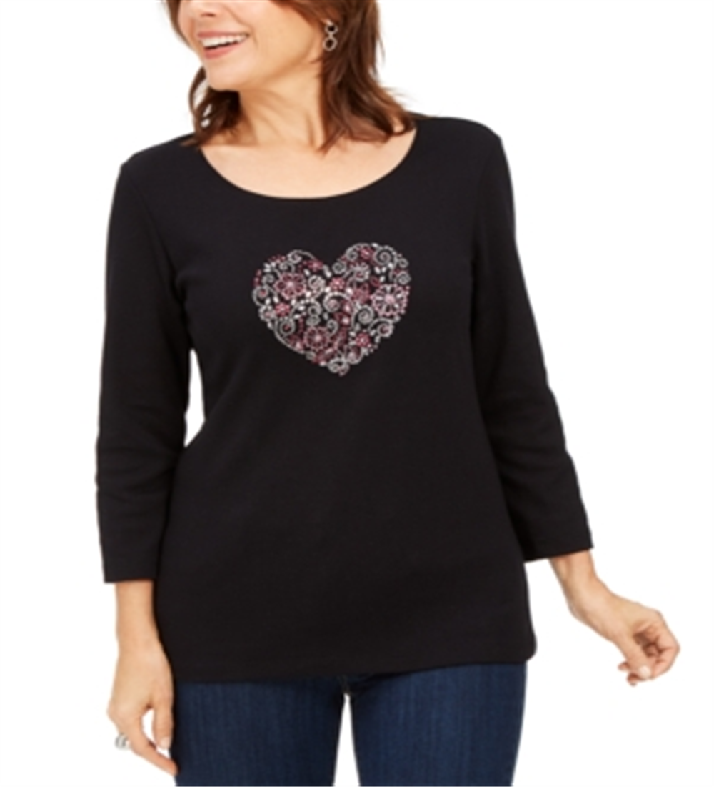 Karen Scott Top Feminino de Algodão com Estampa de Coração Preto Tamanho Pequeno P