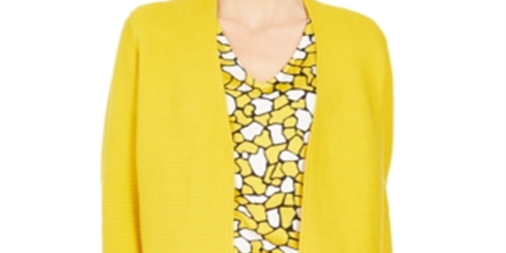 Cardigan feminino Kasper com acabamento em botões e nervuras, amarelo, tamanho pequeno