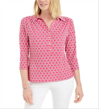 Blusa de malha estampada feminina Charter Club com manga 3/4, rosa, tamanho 2XL