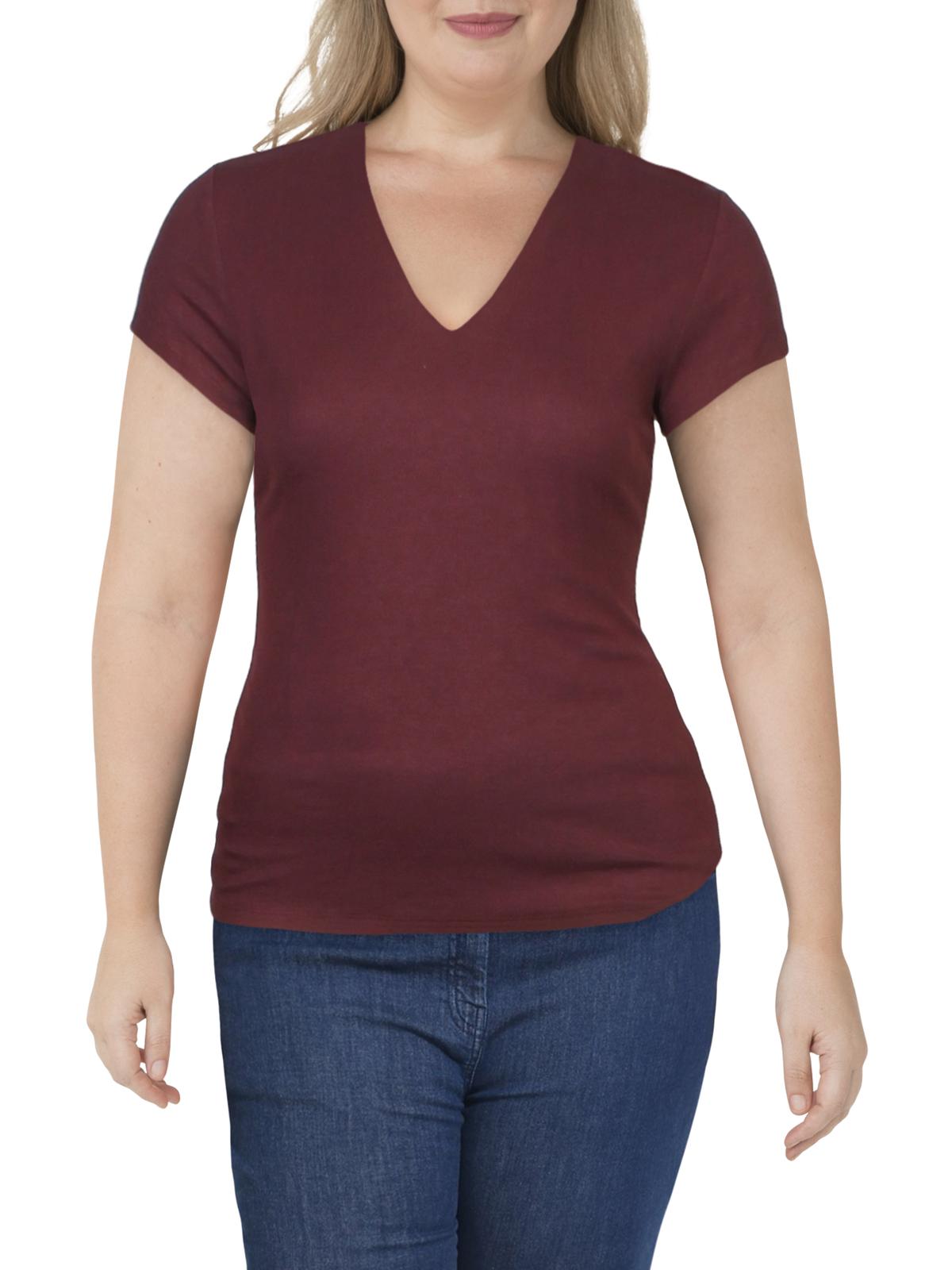 Blusa feminina INC de manga curta com decote em V canelado, vermelha, tamanho XL