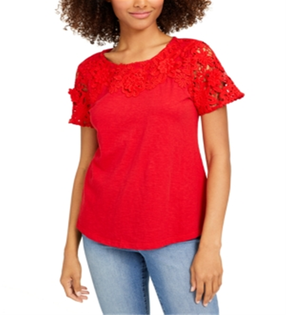 Camiseta feminina Charter Club de algodão com renda e detalhes em vermelho, tamanho grande