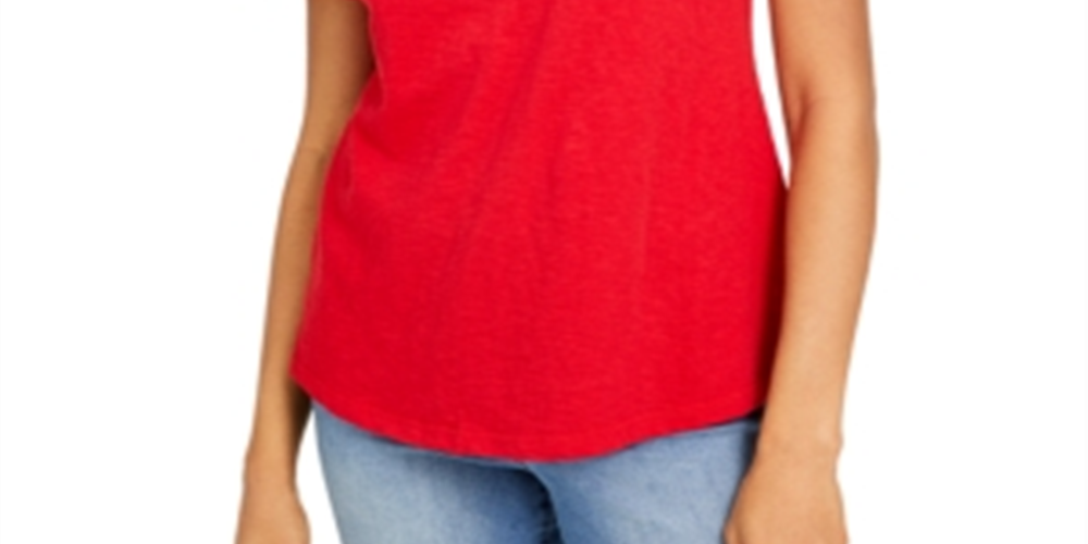 Camiseta feminina Charter Club de algodão com renda e detalhes em vermelho, tamanho grande