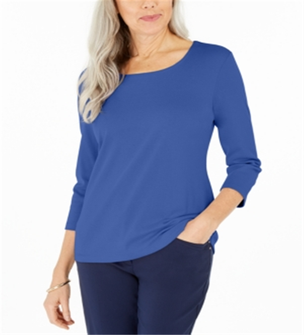 Blusa feminina Karen Scott de algodão com manga 3/4, azul, tamanho XS