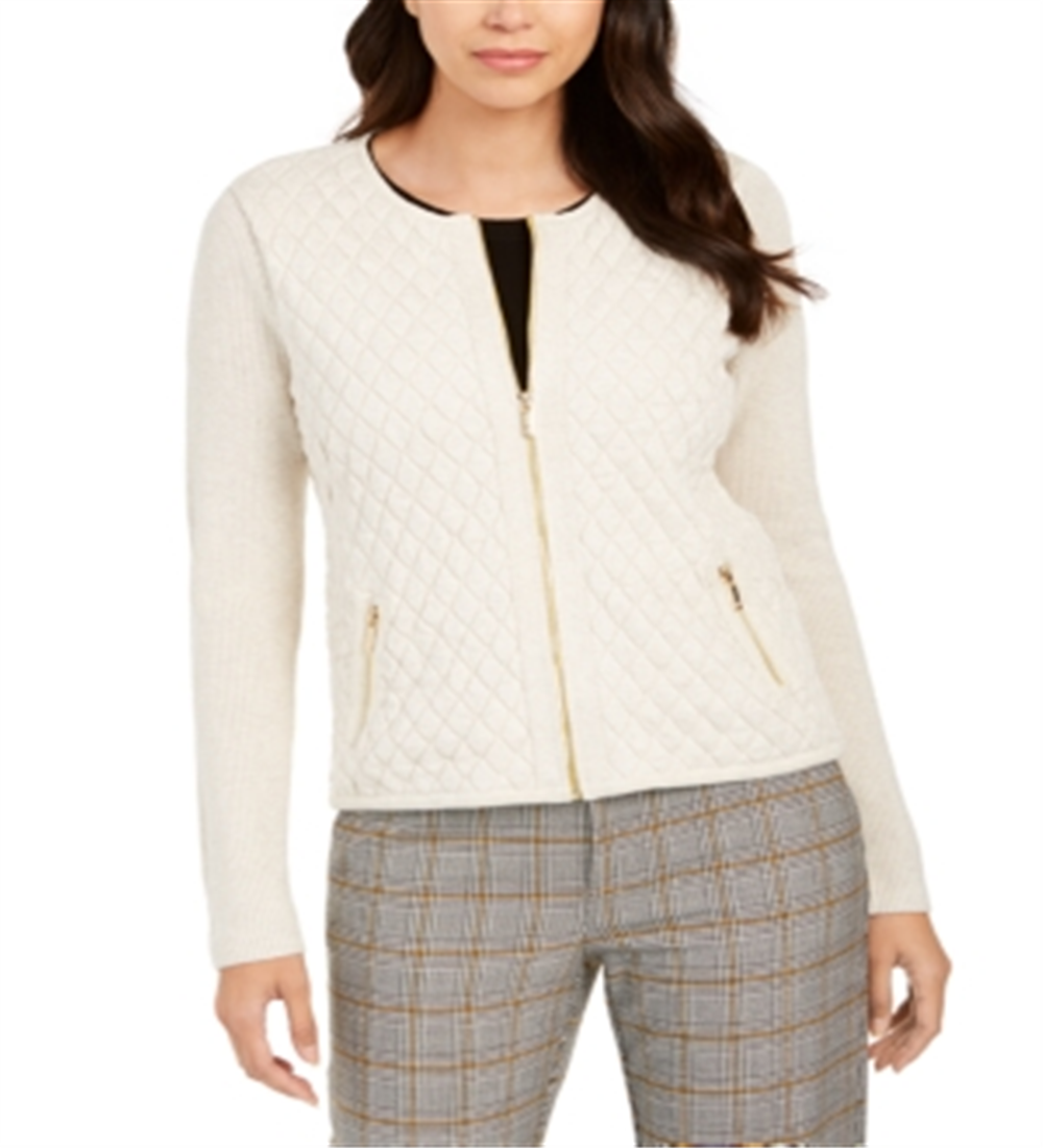 Suéter acolchoado feminino Charter Club com zíper frontal, branco, tamanho pequeno GG