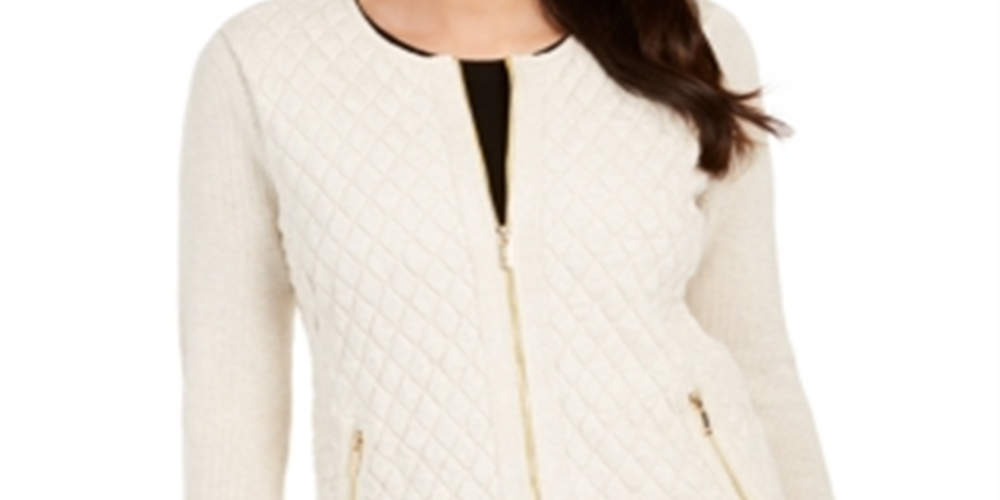 Suéter acolchoado feminino Charter Club com zíper frontal, branco, tamanho pequeno GG