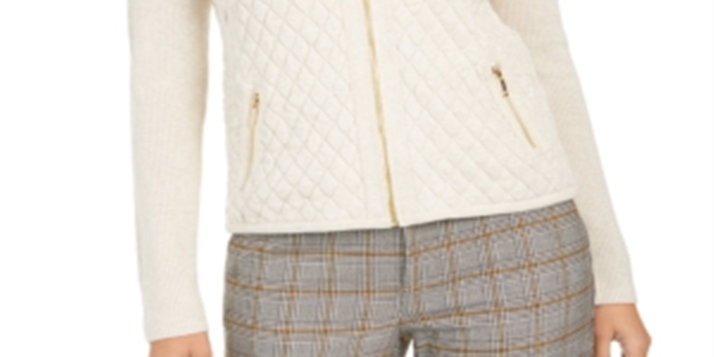 Suéter acolchoado feminino Charter Club com zíper frontal, branco, tamanho pequeno GG