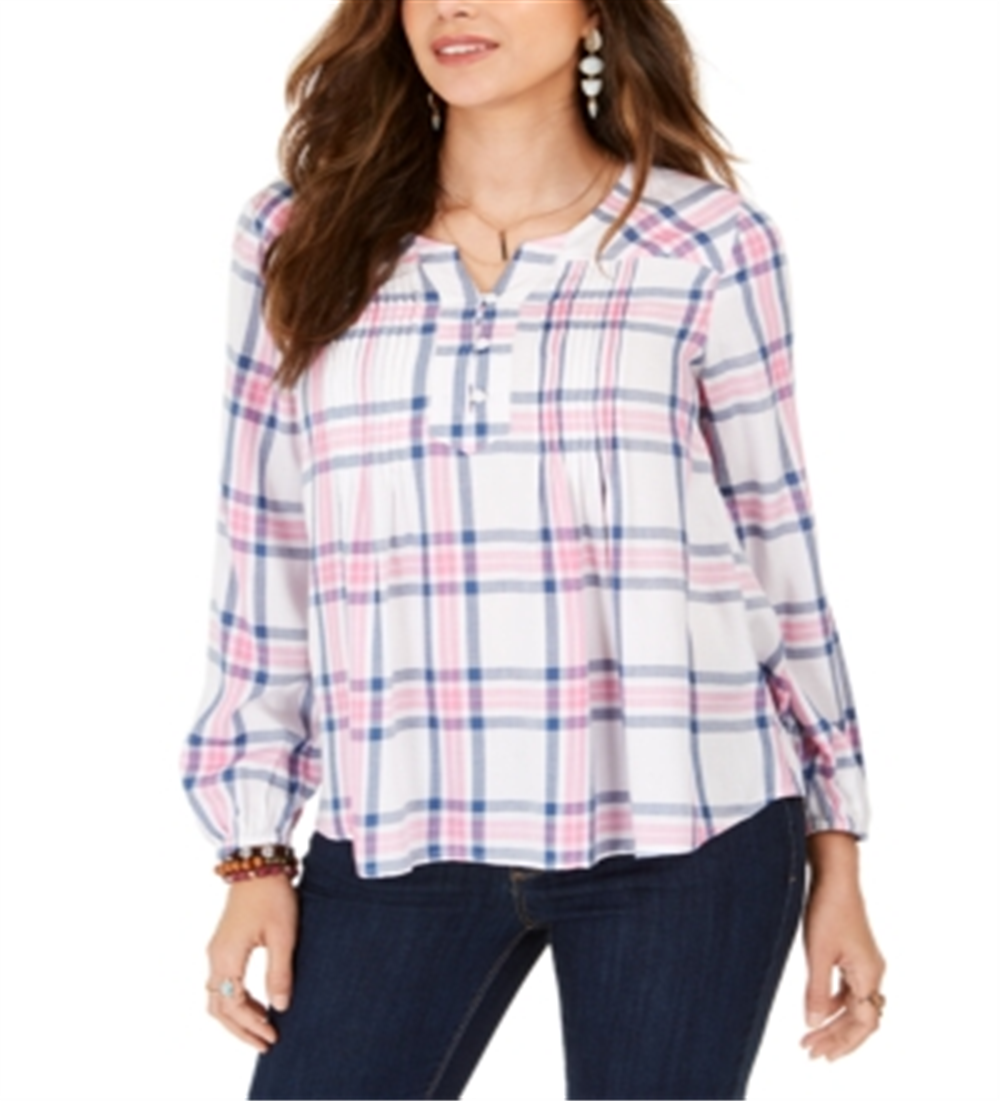 Blusa xadrez feminina com decote aberto, branca, tamanho M, estilo &amp; co