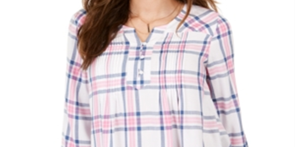 Blusa xadrez feminina com decote aberto, branca, tamanho M, estilo &amp; co