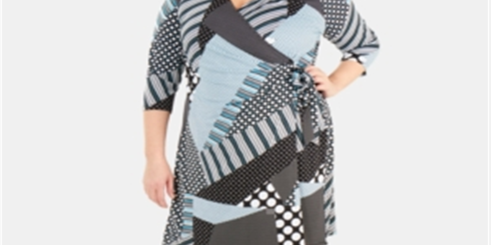 Vestido envelope feminino NY Collection com patchwork e amarração frontal, preto, tamanho 3X