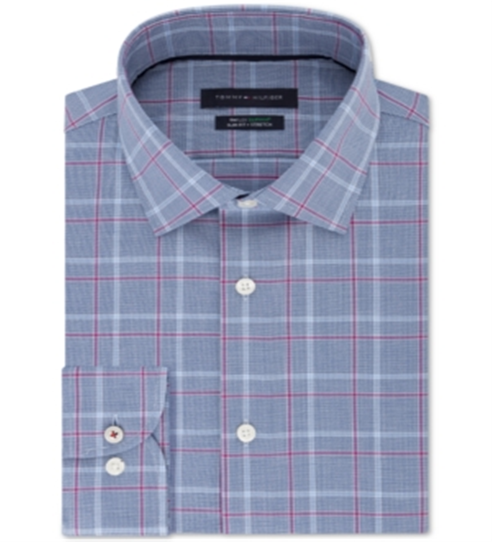 Camisa social masculina Tommy Hilfiger Slim-Fit Performance Stretch Check Azul Tamanho 16X32-33