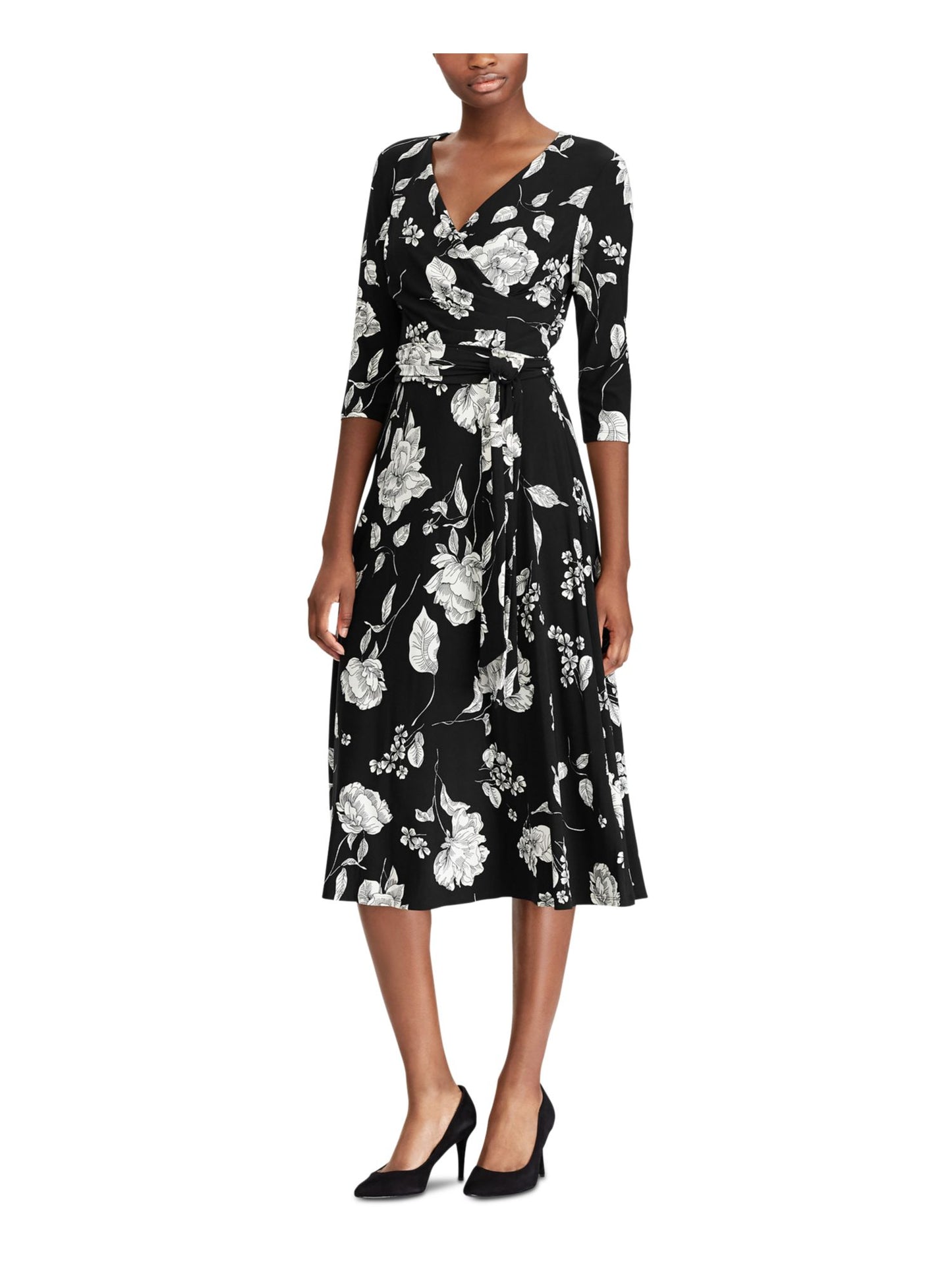 Vestido Ralph Lauren Feminino com Cinto Floral, Manga 3/4, Decote em V Abaixo do Joelho, Tamanho 0P