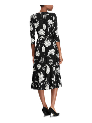 Vestido Ralph Lauren Feminino com Cinto Floral, Manga 3/4, Decote em V Abaixo do Joelho, Tamanho 0P