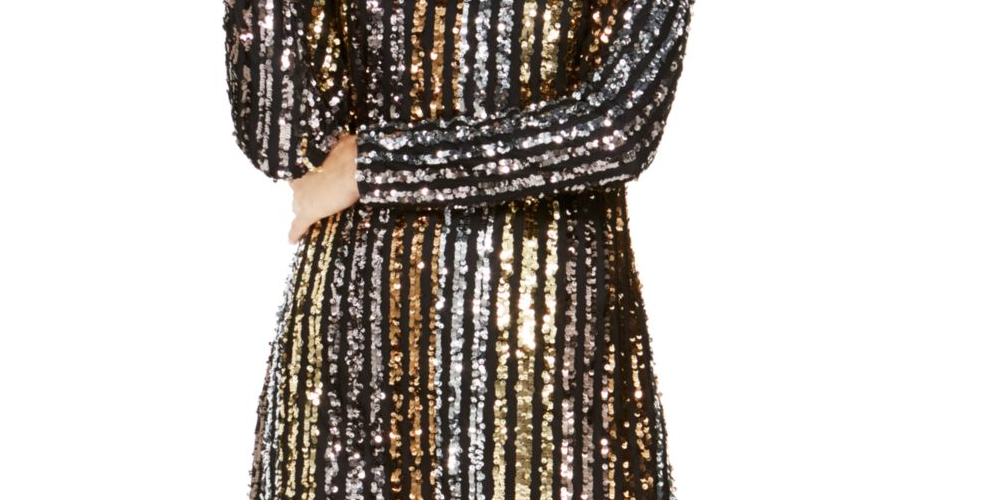 Vestido de coquetel curto com listras e lantejoulas, manga comprida, gola redonda, amarelo, tamanho 10, Vince Camuto