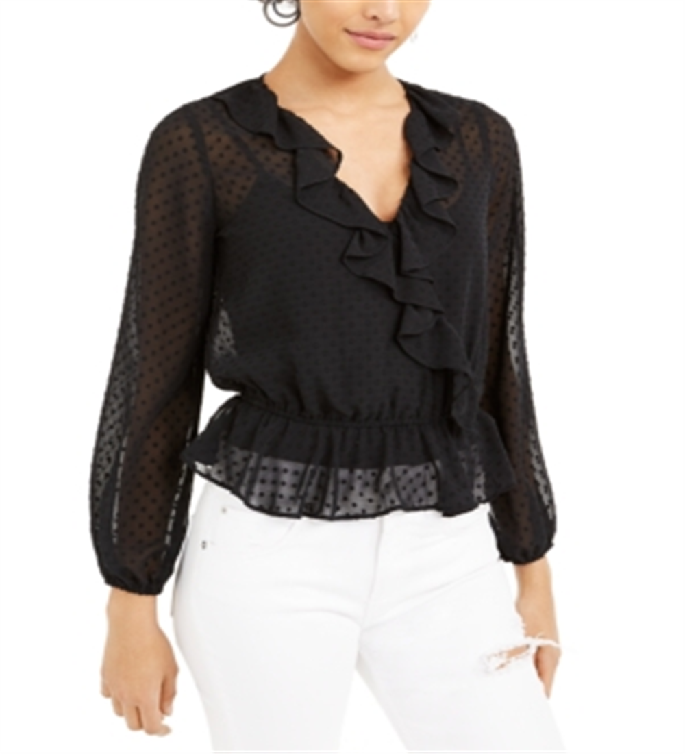 Blusa transparente com sobrepeliz Swiss Dot para mulheres Bar III, preta, tamanho pequeno