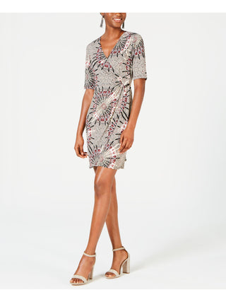Connected Women's Elbow Sleeve Printed Surplice Neckline Above the Knee Faux Wrap Dress Black Size 6 Petite