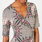 Vestido feminino Connected com manga cotovelo, decote sobrepeliz estampado, acima do joelho, falso, preto, tamanho 6, pequeno