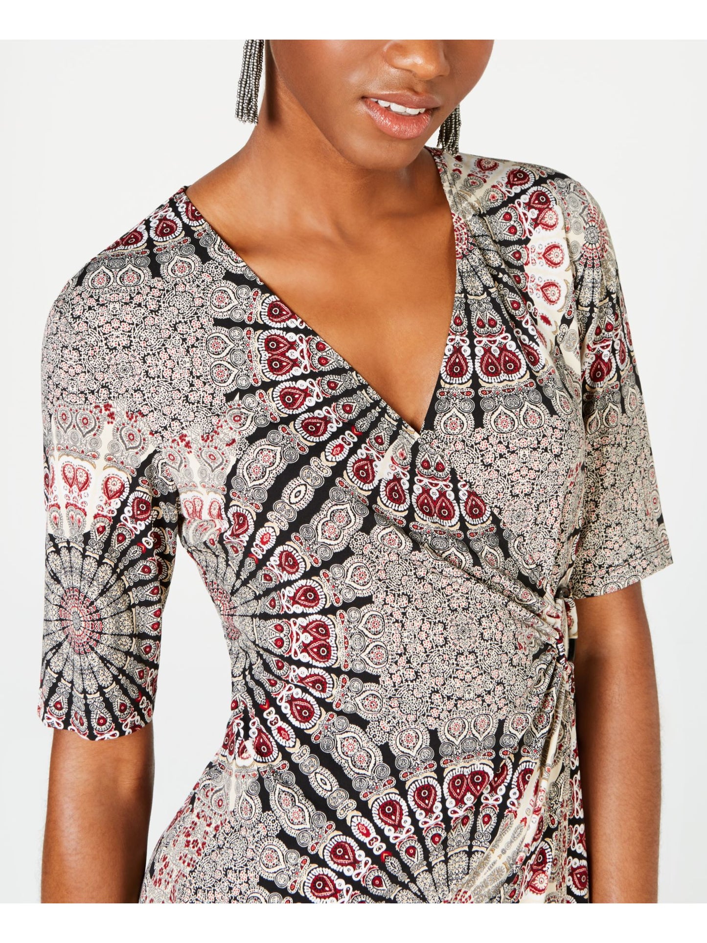 Vestido feminino Connected com manga cotovelo, decote sobrepeliz estampado, acima do joelho, falso, preto, tamanho 6, pequeno