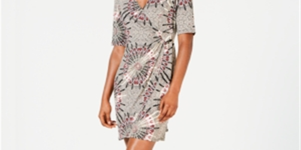 Vestido feminino Connected com manga cotovelo, decote sobrepeliz estampado, acima do joelho, falso, preto, tamanho 6, pequeno