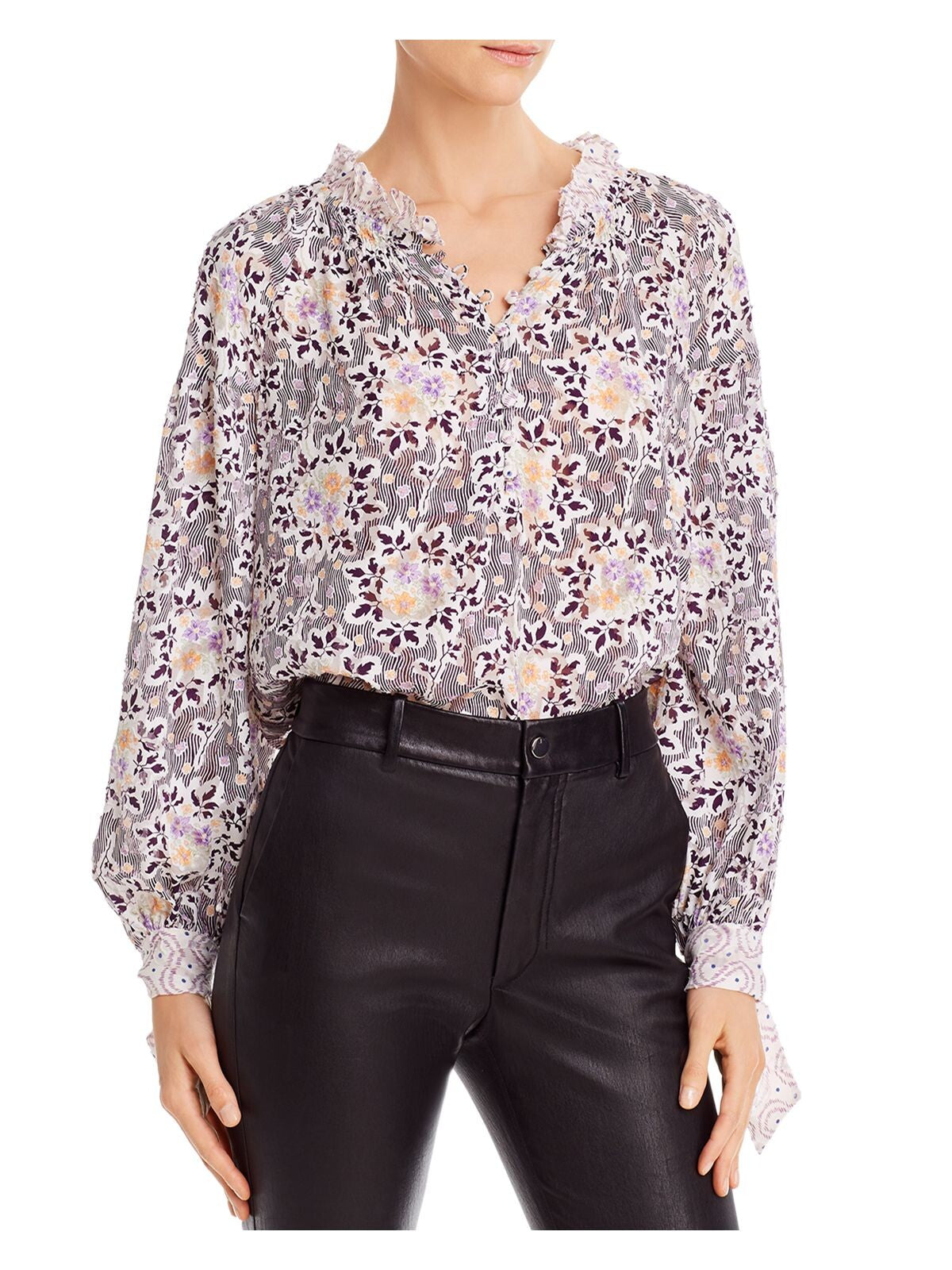 Blusa feminina Rebecca Taylor com estampa floral texturizada roxa e manga comprida, gola mandarim, para usar no trabalho, 10