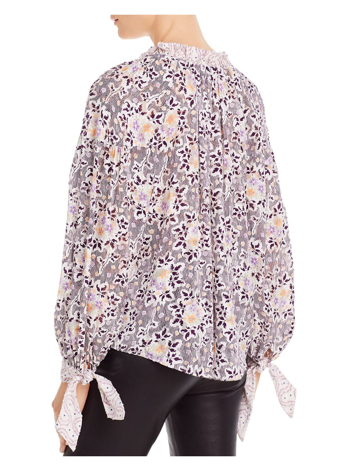 Blusa feminina Rebecca Taylor com estampa floral texturizada roxa e manga comprida, gola mandarim, para usar no trabalho, 10