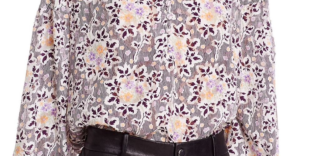 Blusa feminina Rebecca Taylor com estampa floral texturizada roxa e manga comprida, gola mandarim, para usar no trabalho, 10