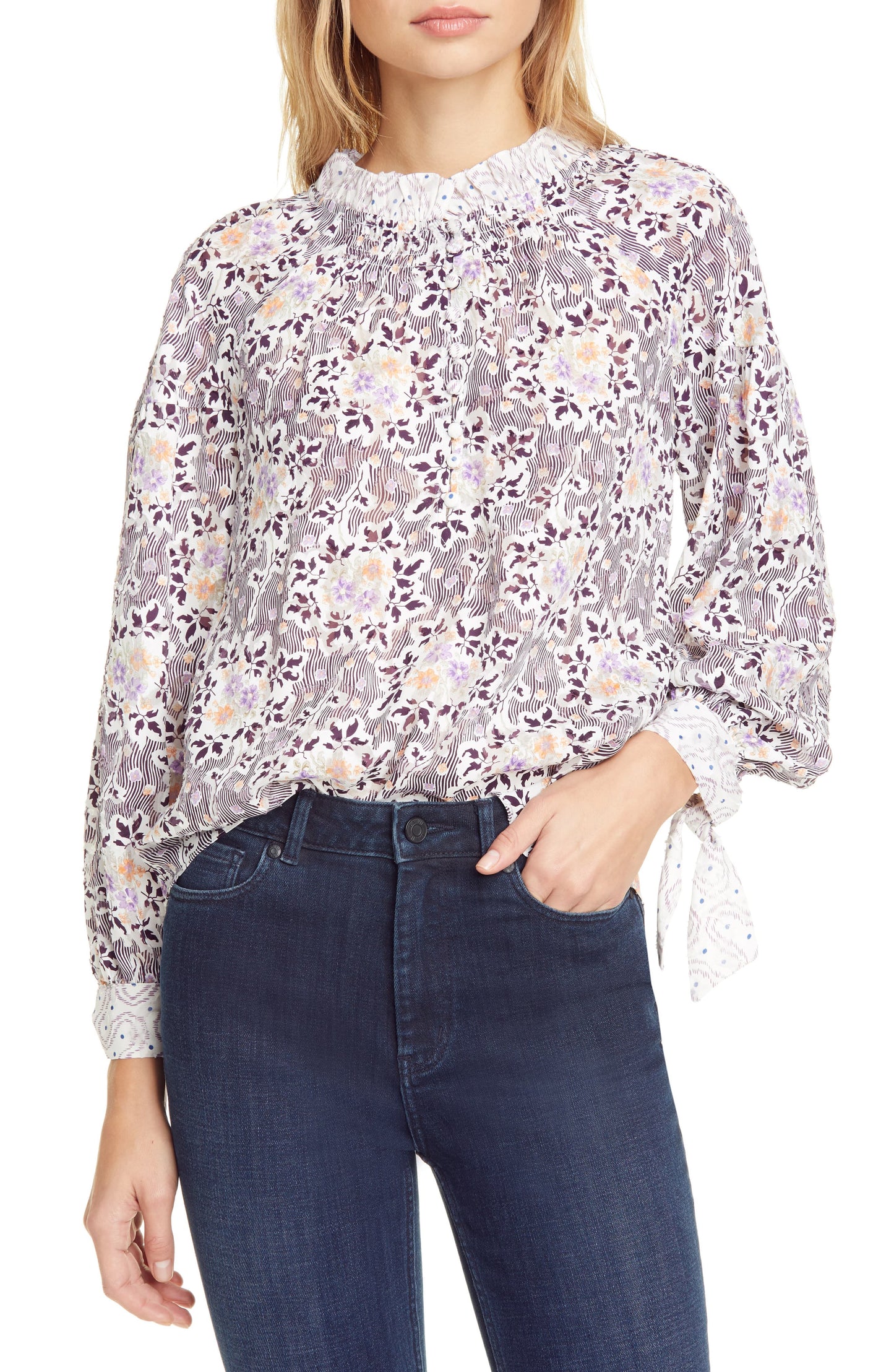Blusa feminina Rebecca Taylor com estampa floral texturizada roxa e manga comprida, gola mandarim, para usar no trabalho, 10