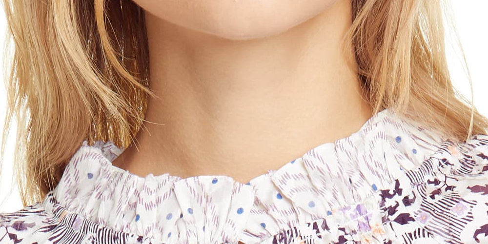 Blusa feminina Rebecca Taylor com estampa floral texturizada roxa e manga comprida, gola mandarim, para usar no trabalho, 10