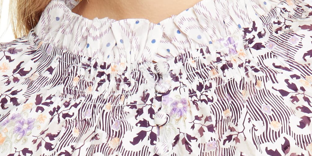 Blusa feminina Rebecca Taylor com estampa floral texturizada roxa e manga comprida, gola mandarim, para usar no trabalho, 10