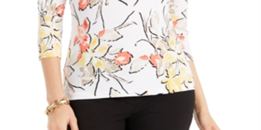JM Collection Blusa feminina com estampa floral e decote redondo em jacquard, branca, tamanho pequeno