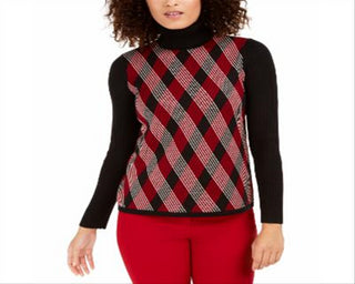 Suéter feminino Anne Klein Argyle manga comprida gola alta preto tamanho grande