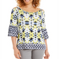 JM Collection Blusa feminina estampada com ilhós e ombros descobertos, azul, tamanho X-S