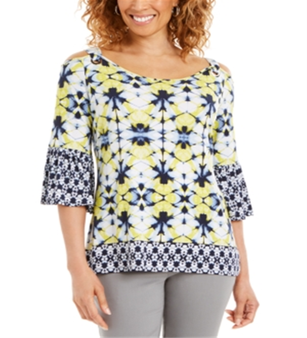 JM Collection Blusa feminina estampada com ilhós e ombros descobertos, azul, tamanho X-S