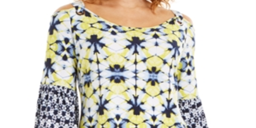 JM Collection Blusa feminina estampada com ilhós e ombros descobertos, azul, tamanho X-S
