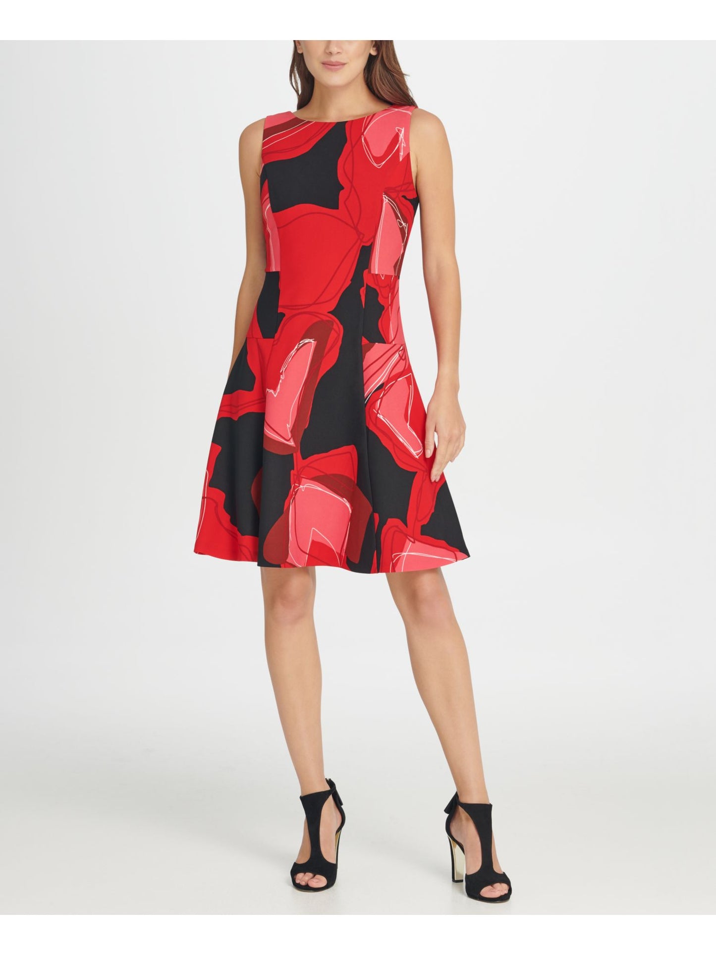 Vestido de coquetel feminino DKNY, sem mangas, com zíper e estampa, decote joia, acima do joelho, estilo flare, preto, tamanho 2