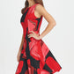 Vestido de coquetel feminino DKNY, sem mangas, com zíper e estampa, decote joia, acima do joelho, estilo flare, preto, tamanho 2