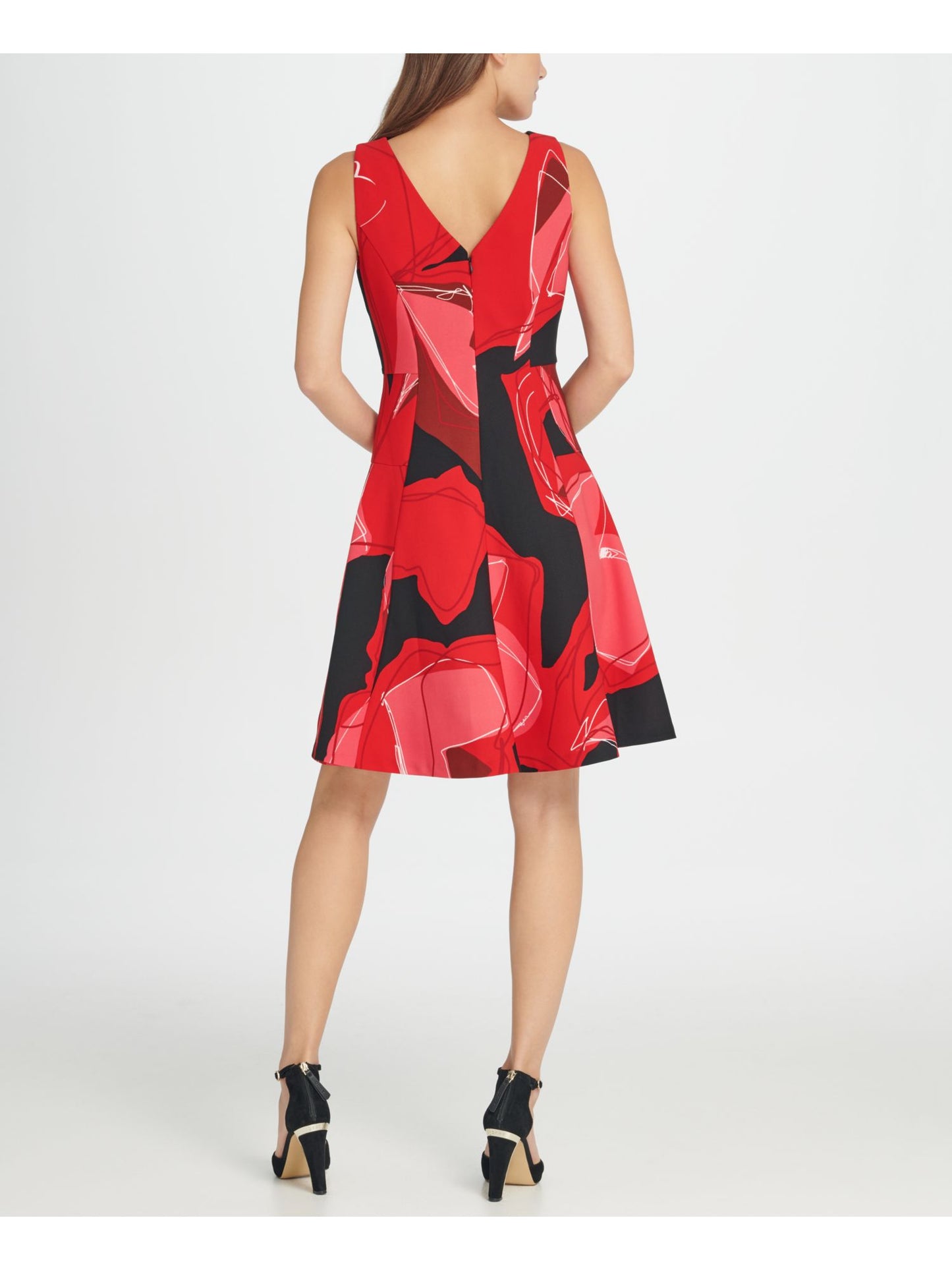 Vestido de coquetel feminino DKNY, sem mangas, com zíper e estampa, decote joia, acima do joelho, estilo flare, preto, tamanho 2